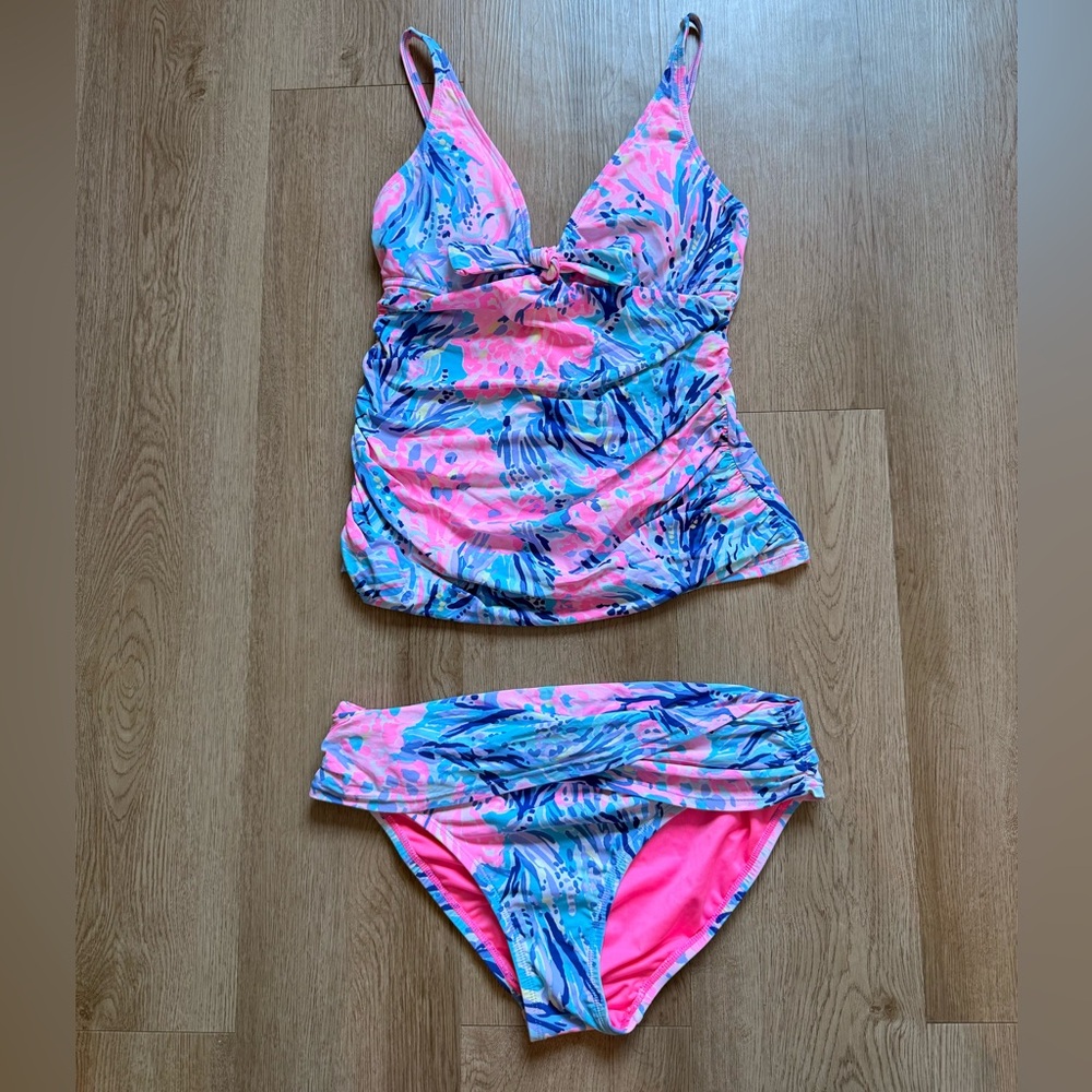 Lilly Pulitzer Pink Blue Floral Beachy Tankini Swimsuit 6 Adjustable Straps